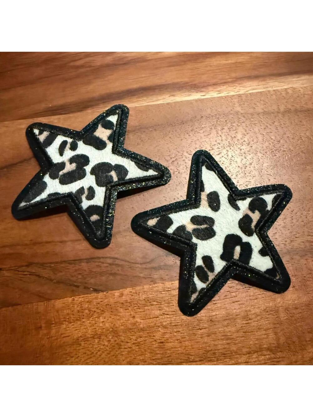 Iron On Patch Set - Leopard Print Star Embroidery 3” Black Shimmer